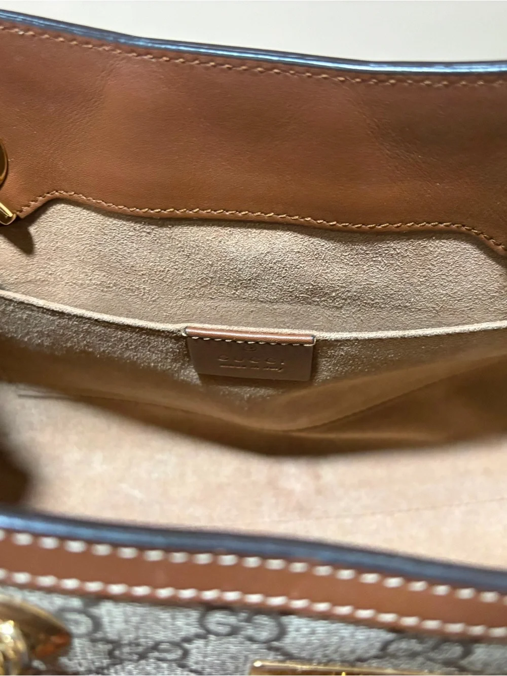 Gucci Brown GG Supreme Leather-Trim Shoulder Bag with Gold Hardware